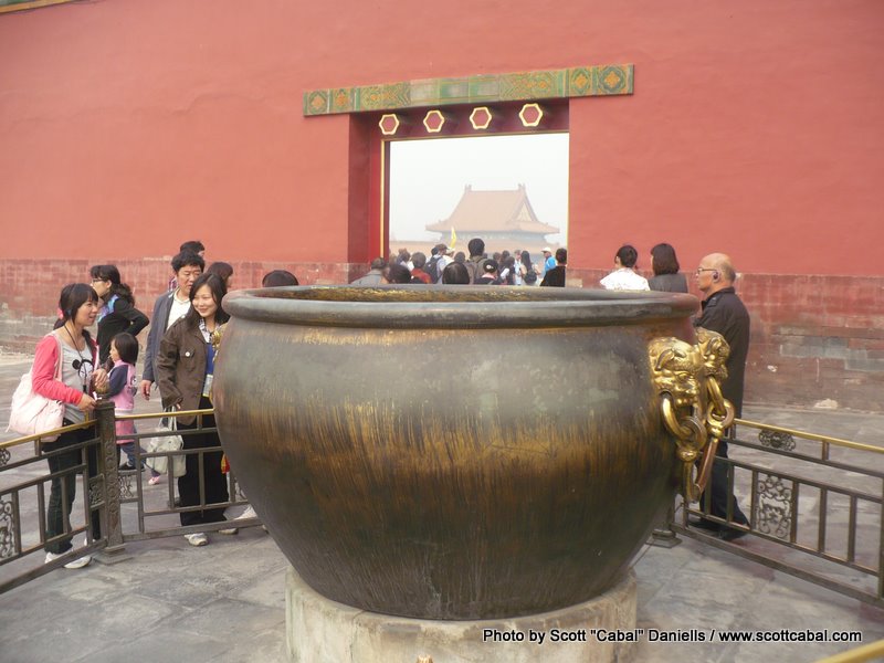 A bucket used for holding fire for extinguishing fires in The Forbidden City