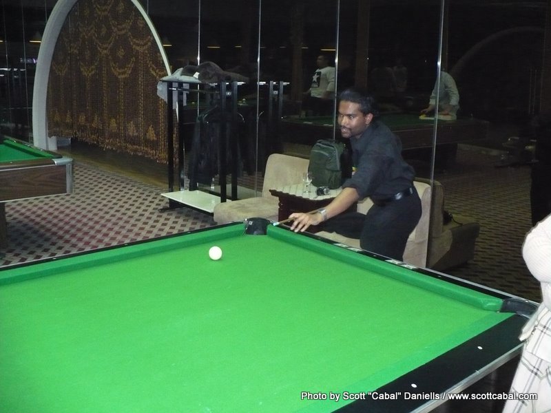 Playing pool in the Yanggakdo Hotel