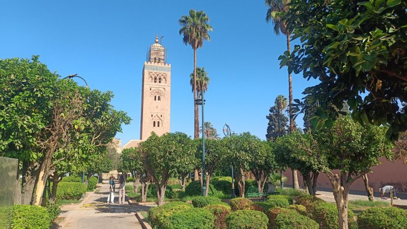 The Koutoubia Mosque in Marrakech, as seen from the surrounding park